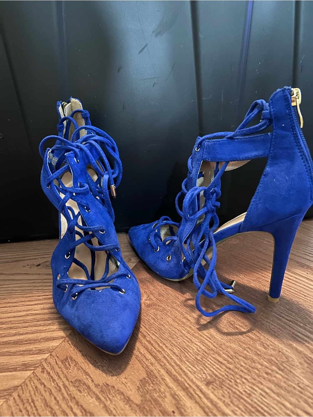 Lace-Up Pointed Toe Stiletto Heels in Royal Blue